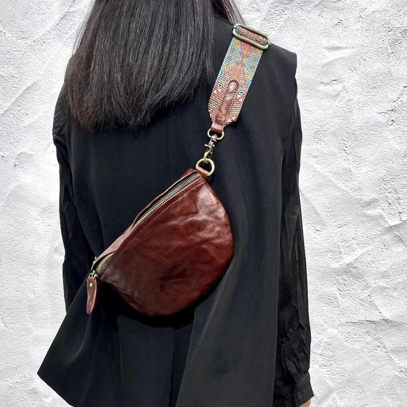 Women's Leather Chest Sling Bag with Boho Shoulder Strap Design