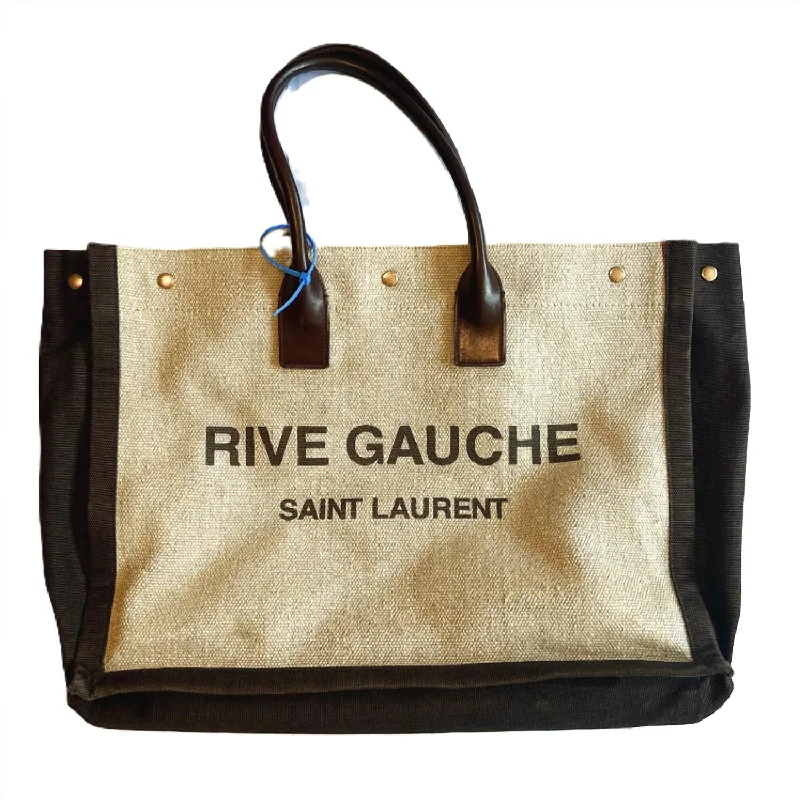 Pre-Loved Rive Gauche Linen Tote Bag In Brown & Tan