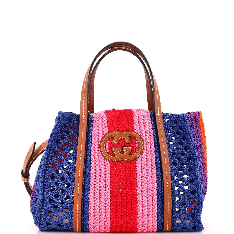 Interlocking G Web Tote Raffia and Leather Small