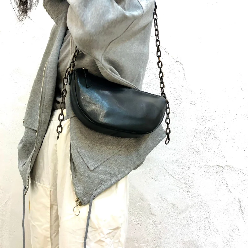 Women's Chest Bag Black Leather Sling with Chain Strap