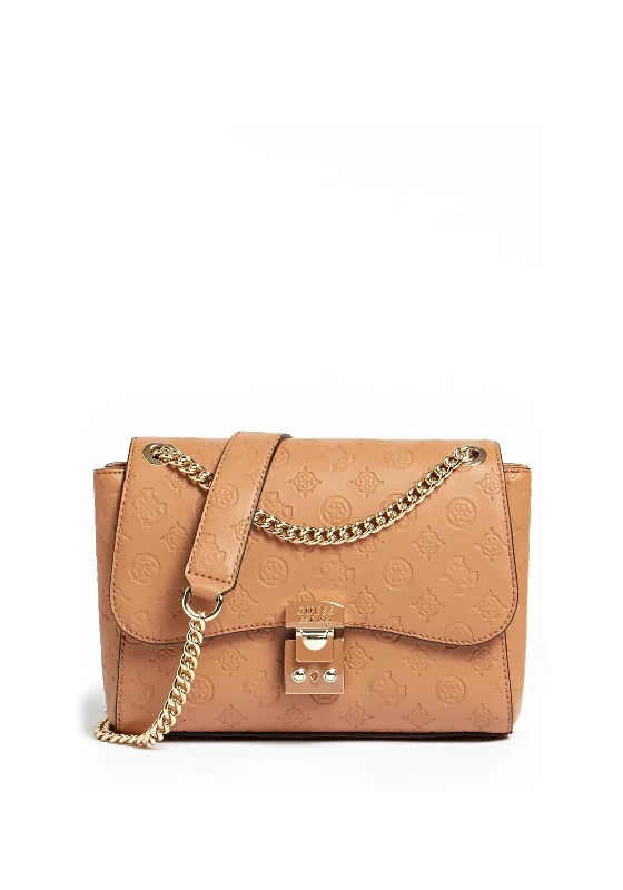 Guess Carlson Embossed Peony Medium Crossbody Bag, Cognac