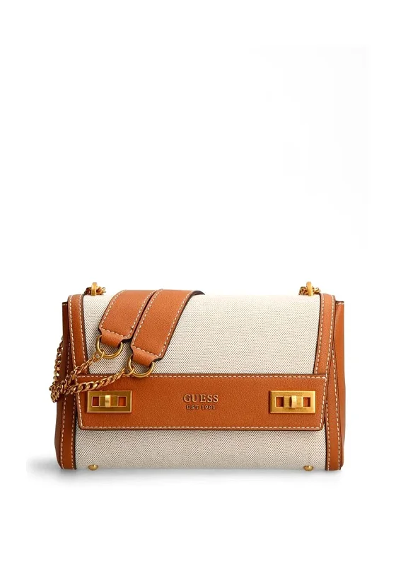 Guess Katey Flapover Medium Crossbody Bag, Natural & Cognac