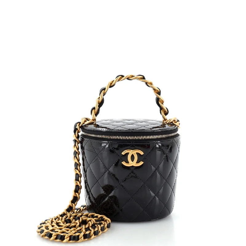 Woven Chain Top Handle Vanity Bucket Bag Quilted Patent