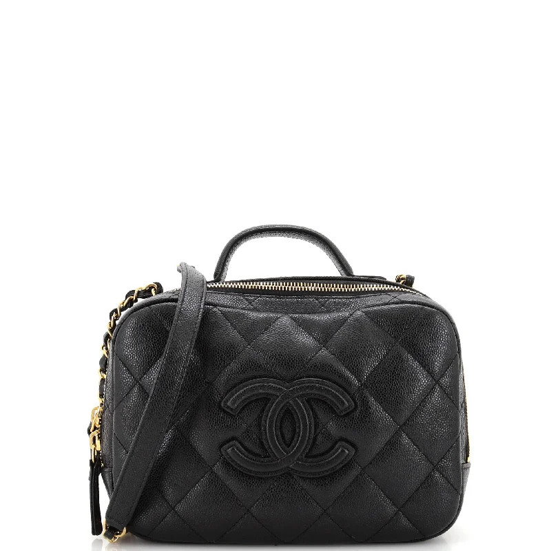 CC Top Handle Zip Around Vanity Case with Chain Quilted Caviar Small