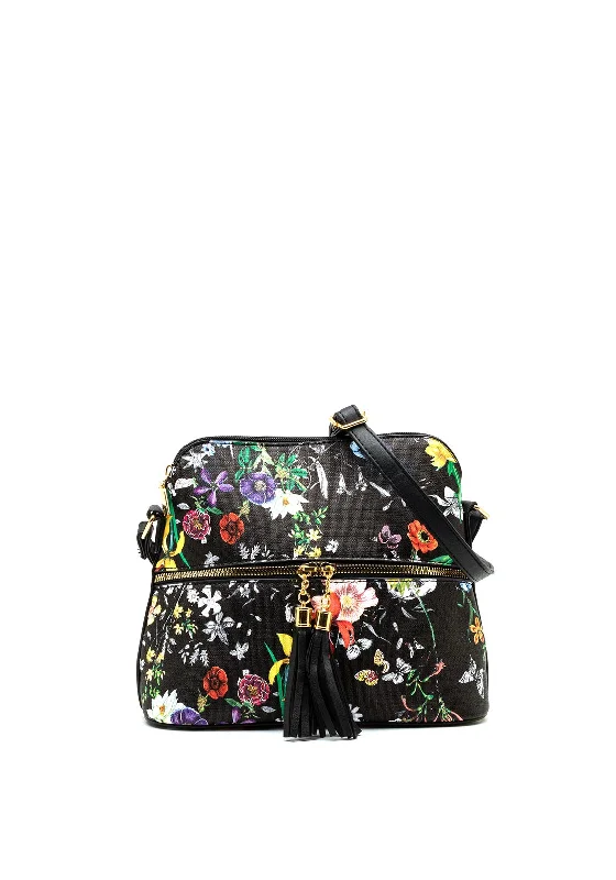 Zen Collection Floral Print Small Crossbody Bag, Black