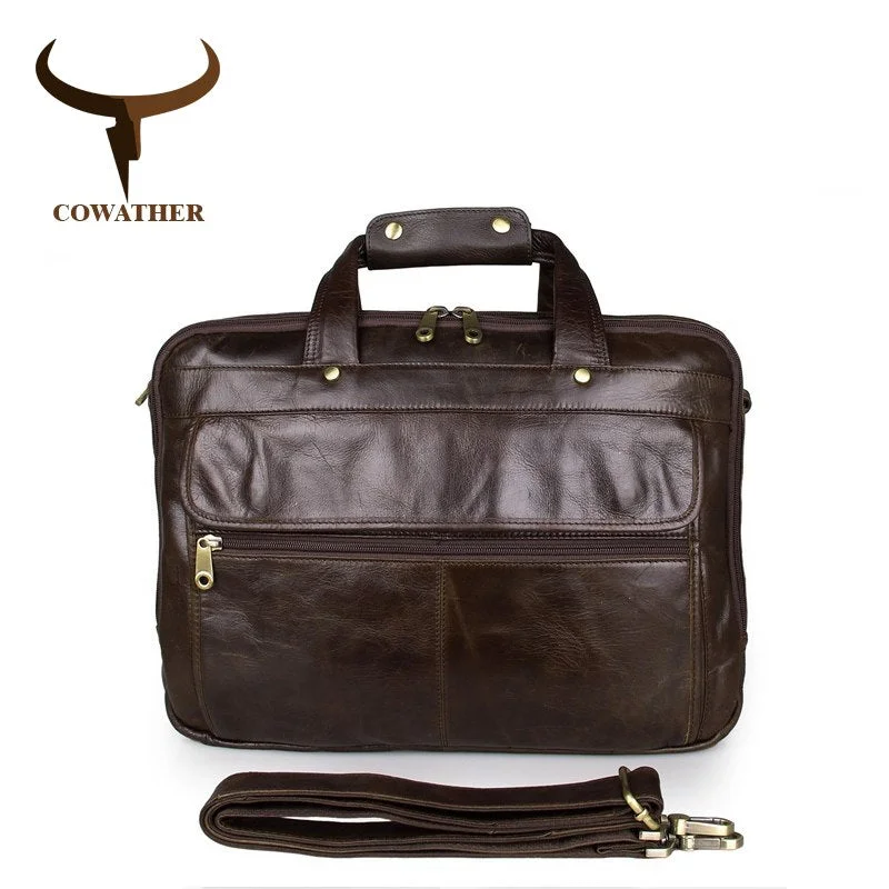 Cowather Genuine Leather Handbag For Men'S Laptop Bag Top Handle Briefcases Travel Bag Casual