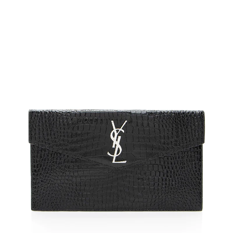 Saint Laurent Croc Embossed Leather Monogram Uptown Clutch