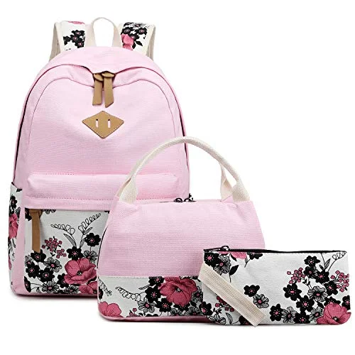 Abshoo Lightweight Canvas Floral Backpacks for Teen Girls School Backpack with Lunch Bag (DG20 Pink)