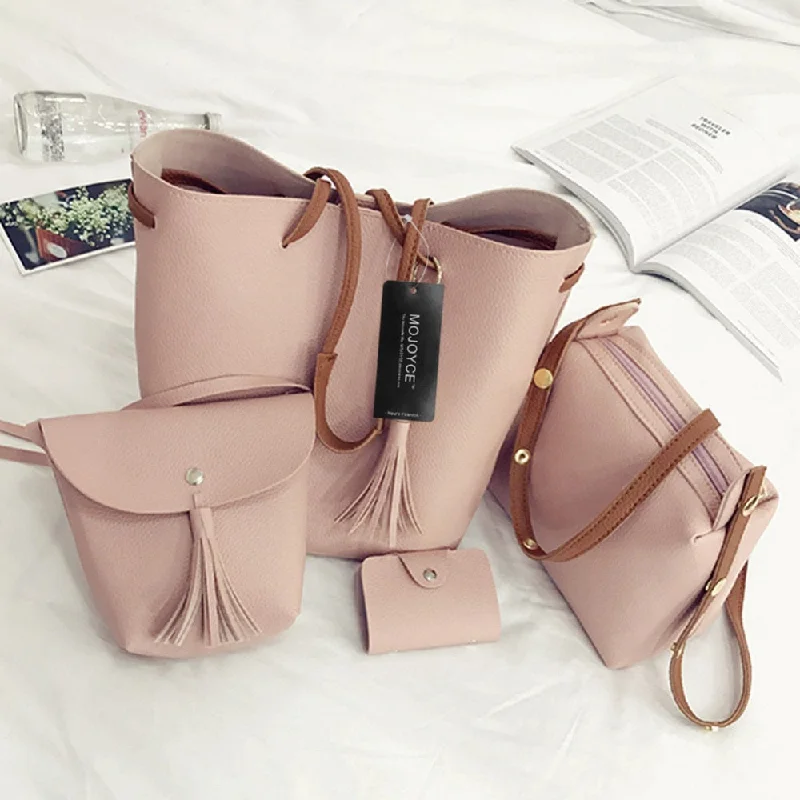 4Pcs/Set Fashion Women Bag Tassel Pure Pu Leather Composite  Bag Women Clutch Handbag Set Large