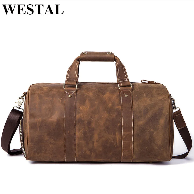 Westal Crazy Horse Leather Duffle Bags Vintage Weekend Bag Carry On Luggage Men Computer Laptop