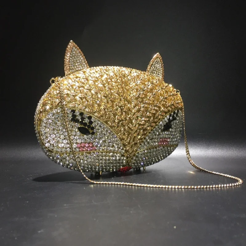 Crystal Box Clutch Bags Fox Rhinestone Metal Crystal Dinner Package Manual Diamond Bag Round Hard