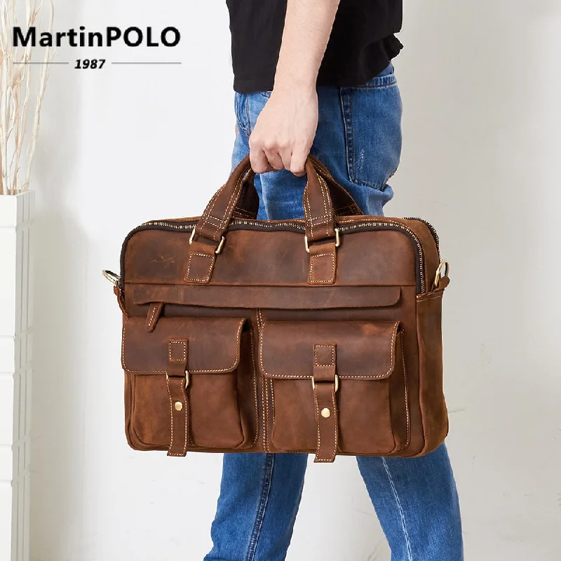 Laptop Handbag Men Genuine Leather Business Briefcase Male Retro Casual Computer Shoulder Bag