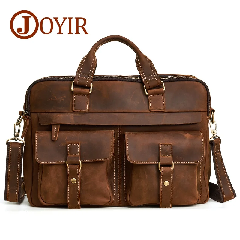 Joyir Men Briefcase Real Crazy Horse Leather Messenger 15" Laptop Bag Business Briefcase Bags For