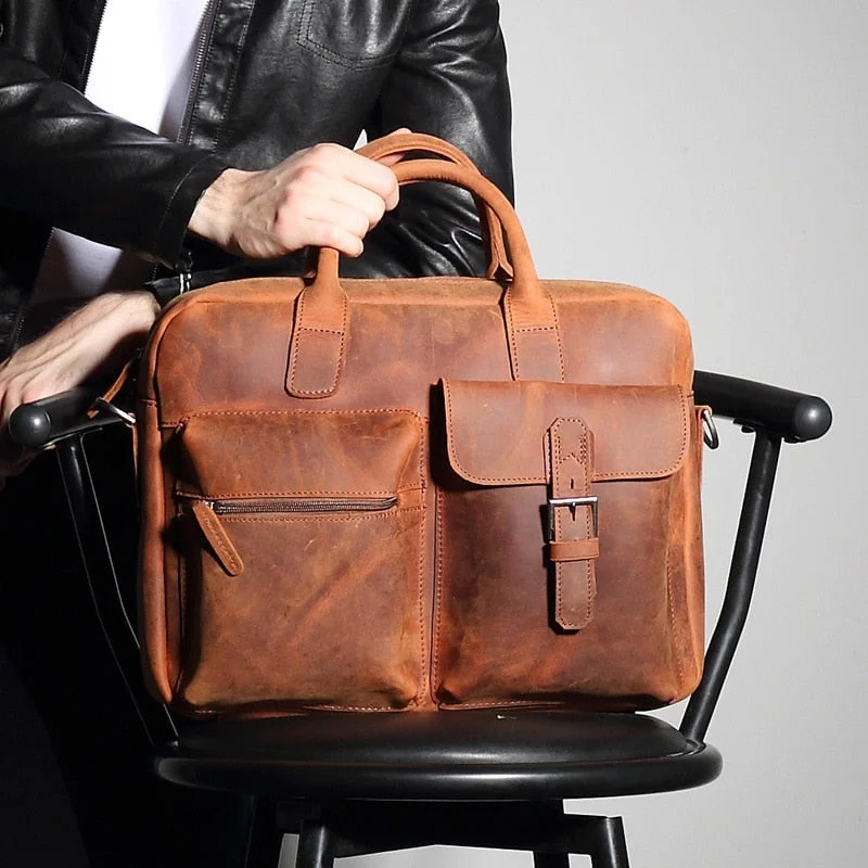 Vintage Sale Crazy Horse Leather Portfolio 15 Inch Laptop Totes High Quality Messenger Shoulder