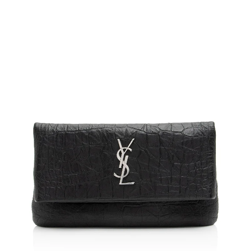 Saint Laurent Croc Embossed Leather West Hollywood Fold Over Clutch