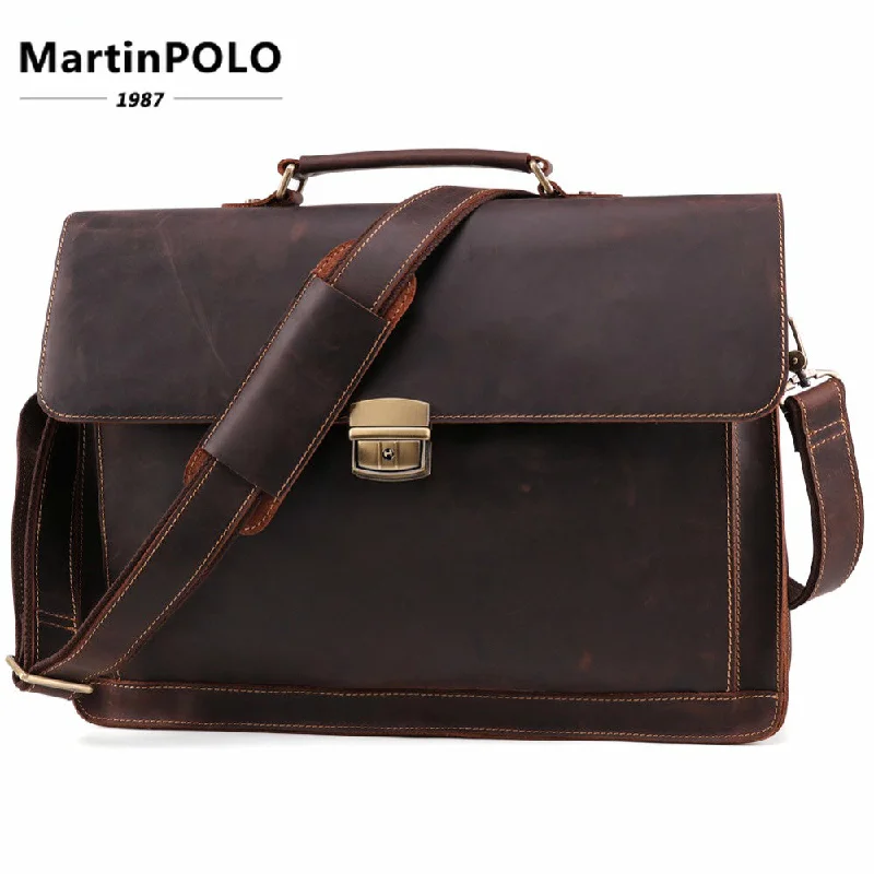 Vintage Crazy Horse Genuine Leather Briefcase Men Business Handbag Male Laptop Shoulder Bags Men