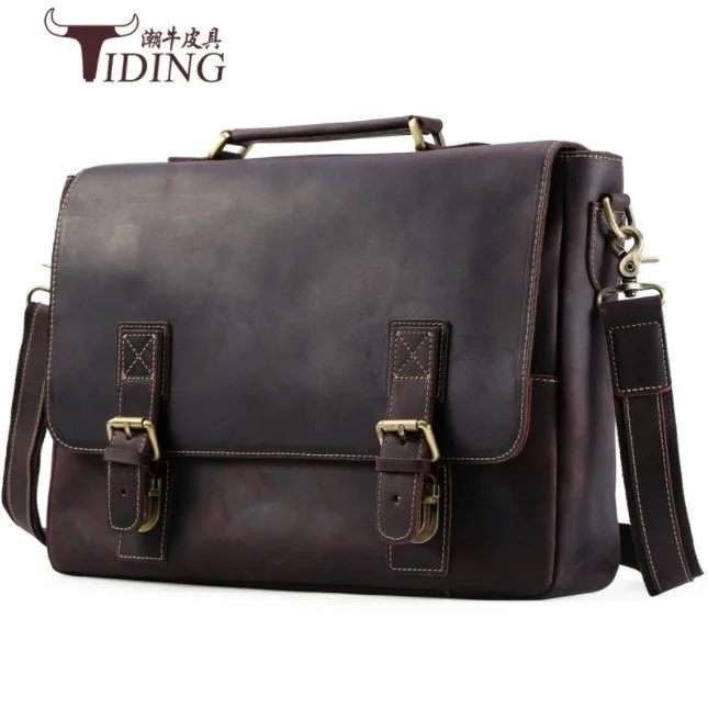 Men'S Briefcase Crazy Horse Leather 2018 Man Vintage Brown Business Man 17" Laptop Travel Bags Male