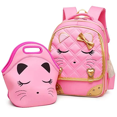 Efree Cute Cat Face Bow Diamond Bling Waterproof Pink School Backpack Girls Book Bag (Large, Pink Set)