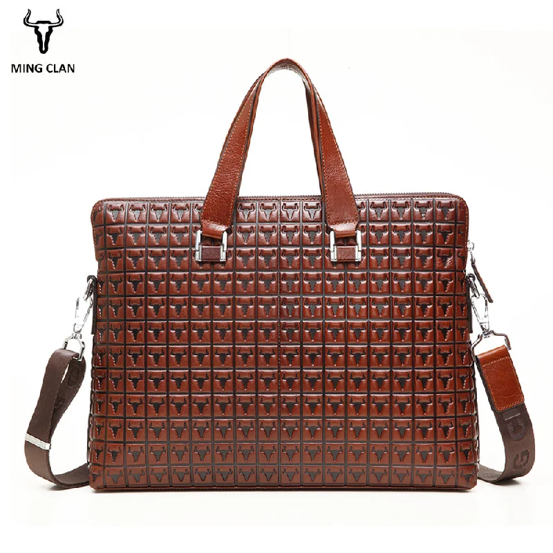 Mingclan Bag Men'S Genuine Leather Bag Briefcases Male Business Computer Laptop Bags Print