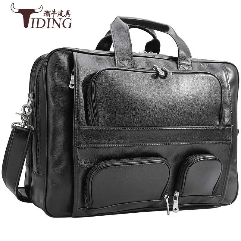 17" Laptop Bag Black Famous Brand Business Men Briefcase Bag Tote Handbag Genuine  Leather