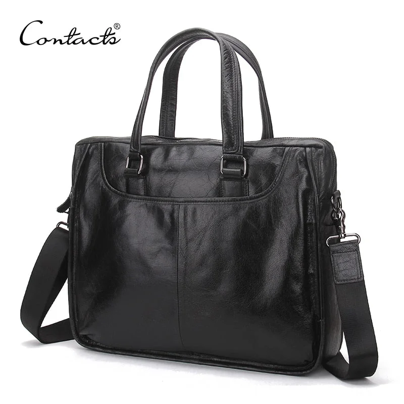 Contact'S Cow Leather Men Briefcase Black For 13.3" Laptop Male Shoulder Bag Casual Large