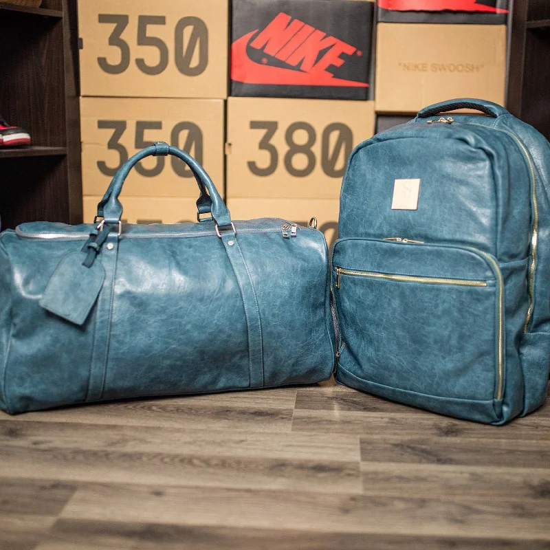 Blue Tumbled Leather 2 Bag Set (Commuter and Duffle)