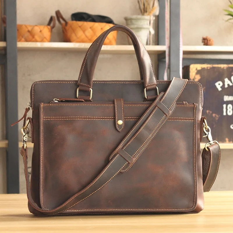 Vintage Fashion Brand Designer Crazy Horse Leather Men Handbags 14" Laptop Shoulder Bag Genuine