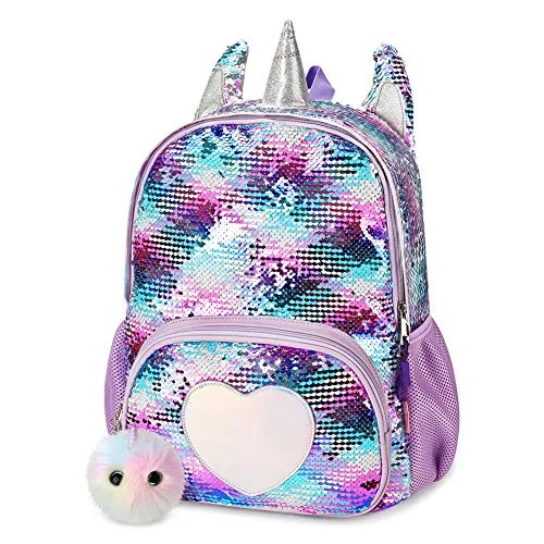 mibasies Kids Sequin Unicorn Backpack for Girls Sequin School Bag（Purple Sequin）