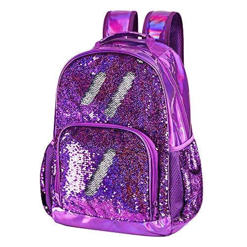 Sequin School Backpack for Girls Kids Cute Elementary Book Bag Teen Glitter Flip Sparkly Holographic Purple Back Pack