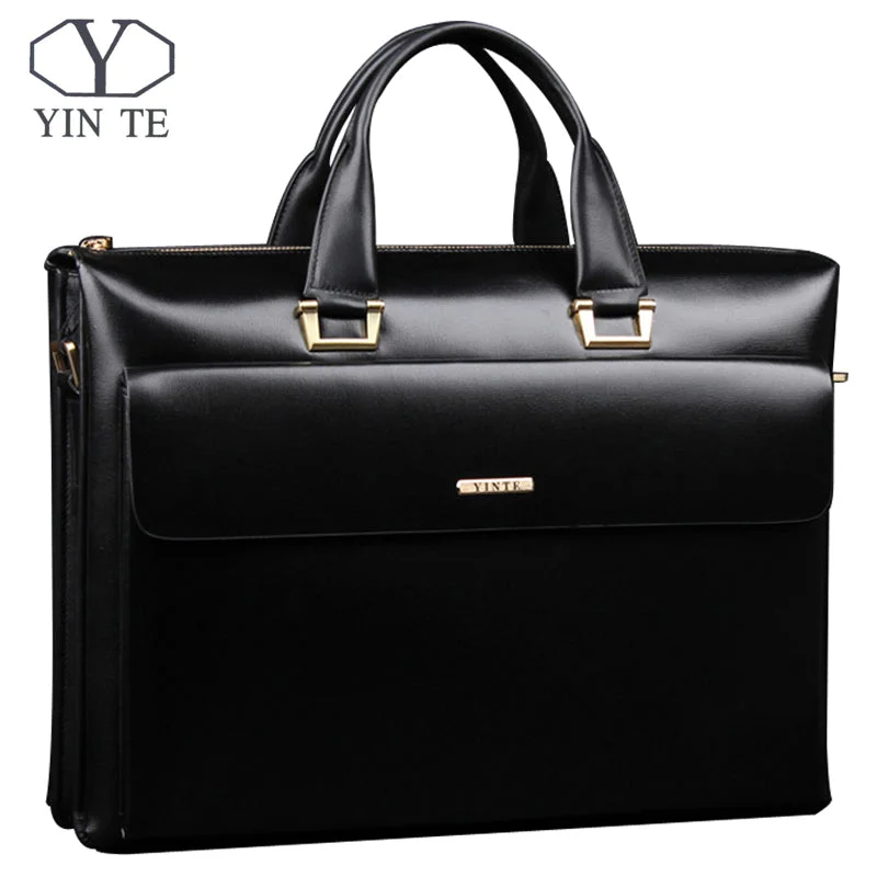 Yinte Leather Men'S Briefcase Business Men Black Handbag High Quality Messenger 14Inch Laptop Bag